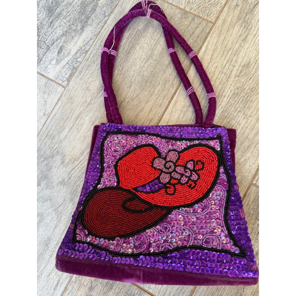 Red Hat Society Handbag Purple Beads Sequin Velvet Handle Purse Tote Vintage 80s